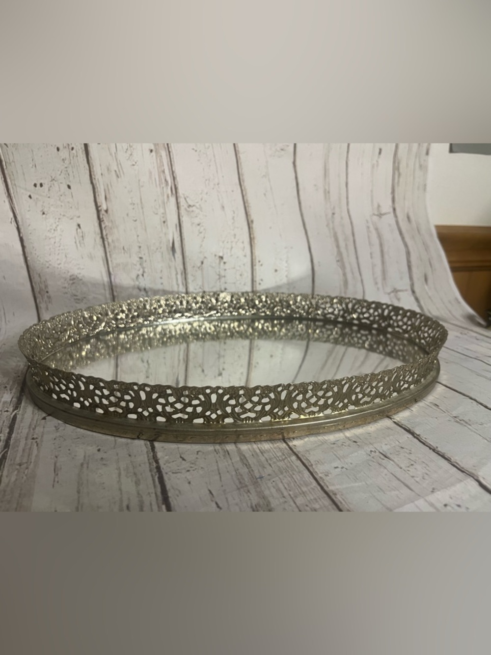 Vtg Vanity Mirror Perfume Tray Dresser Top Ornate Oval Filigree Gold Tone